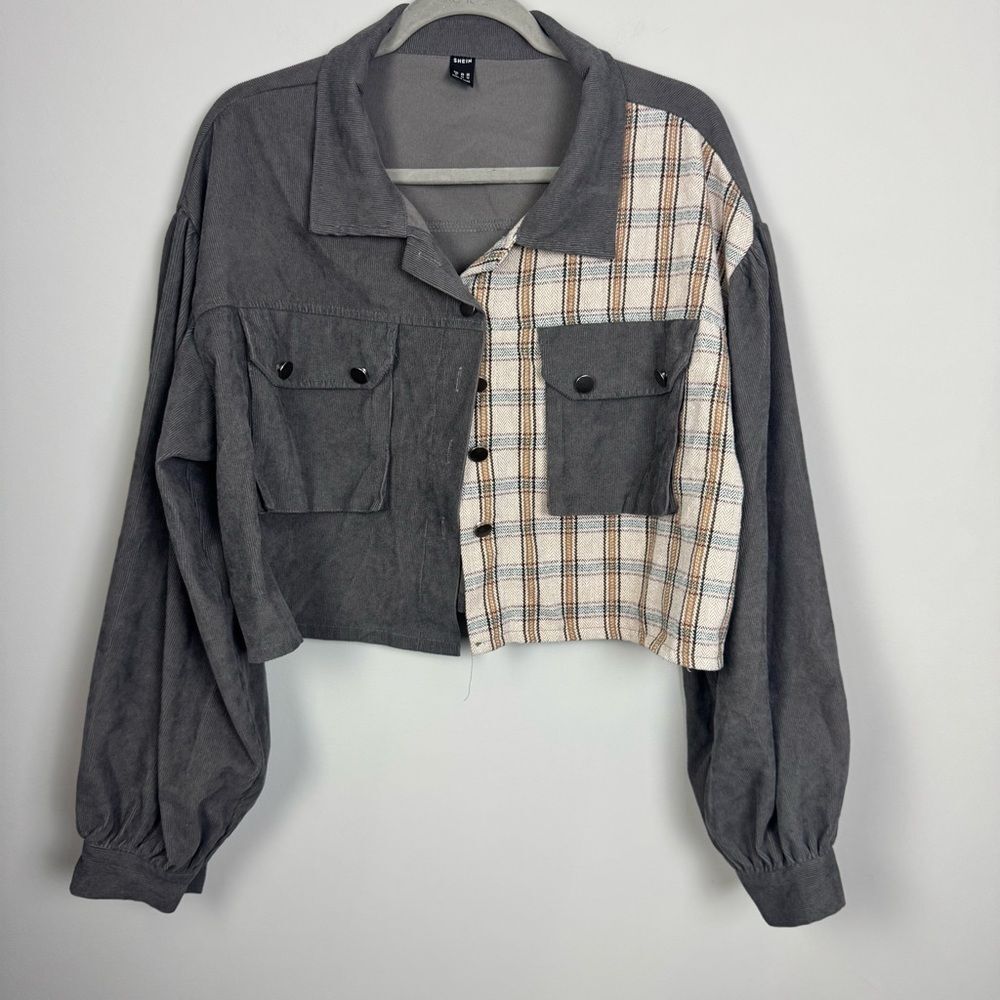 SHEIN | Gray and Plaid Cropped Button Front Jacket Women’s Size X-Large